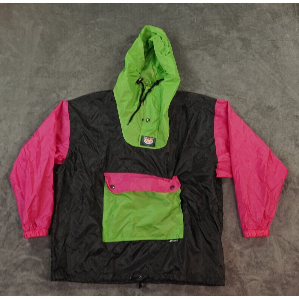 Vintage K-Way Jacket Mens 48 Black‎ Pink Anorak Windbreaker 1/4 Zip Hooded Nylon
